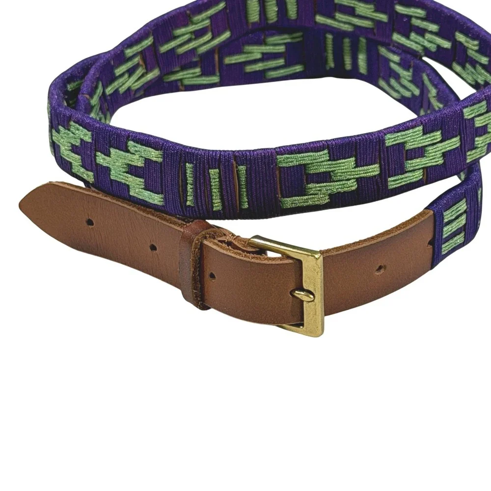 J.Crew Purple Green Embroidered Geo Boho Leather Belt Womens Medium NWOT 39
